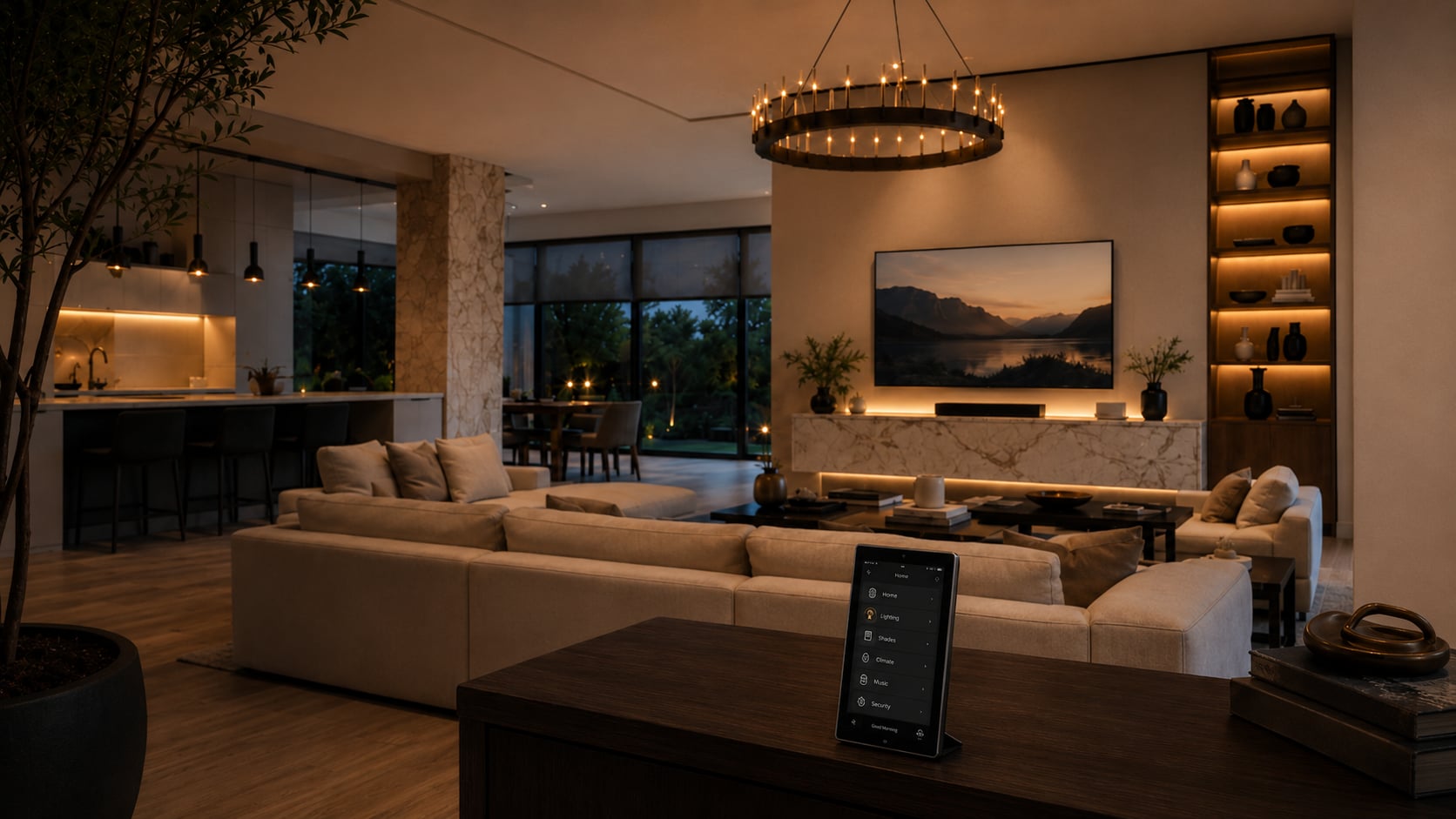 Bespoke luxury living room with integrated home technology in Dallas-Fort Worth